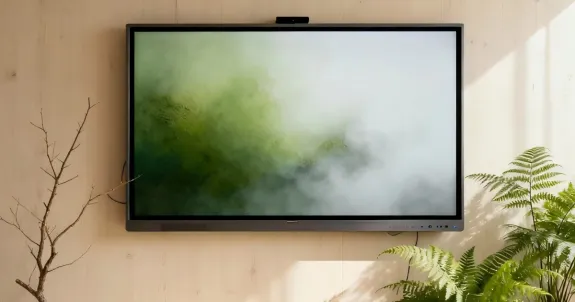 An interior shot in a serene, wabi-sabi style. The NearHub Smart Board is mounted on a light wood wall.