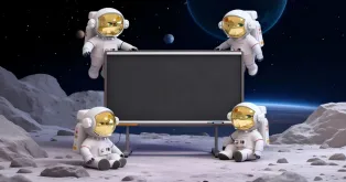 4 little astronauts surround a interactive smartboard in the space