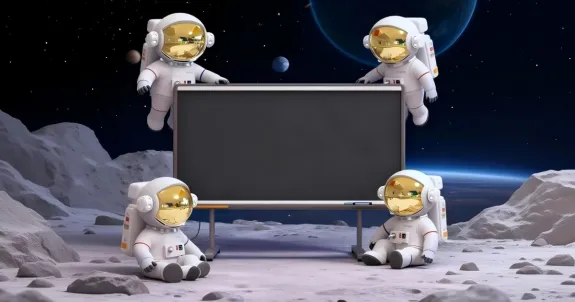 4 little astronauts surround a interactive smartboard in the space