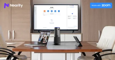 Nearity 360 Alien conference camera in a meeting room ready for a Zoom meeting.