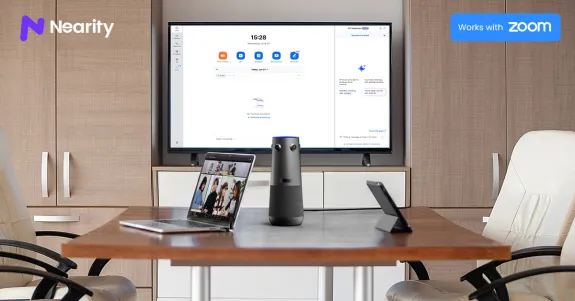 Nearity 360 Alien conference camera in a meeting room ready for a Zoom meeting.