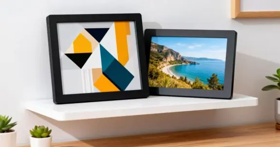 On the white suspended shelf in a fashionable living room or office, there are ultra-thin digital photo frames with matte black borders, and the screen displays geometric abstract art patterns and high-definition landscape photos.
