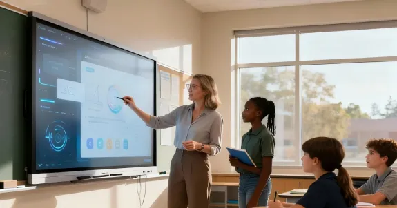 diverse teachers and students interacting with digital smartboards in classrooms