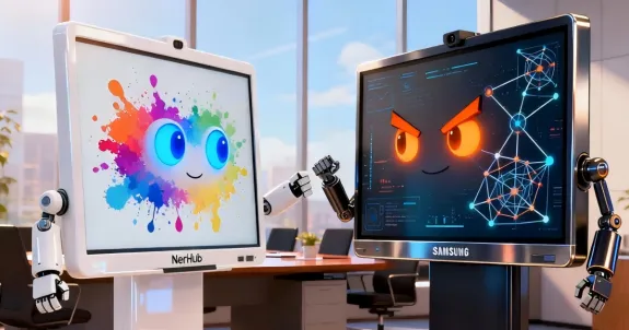 On the left, a sleek, glossy white smart board with a minimalist design (Vibe) stands proudly. On the right, a sophisticated dark-toned smart board (NearHub) with a metallic finish displays intricate connection nodes and graphs, personified with sharp, friendly orange LED eyes.