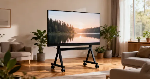 A cozy modern living room with soft natural light, featuring a sleek mobile TV stand with wheels holding a large flat-screen TV. On the TV screen, display a calming nature landscape — soft sunlight over a forest and lake, creating a peaceful and homely atmosphere.