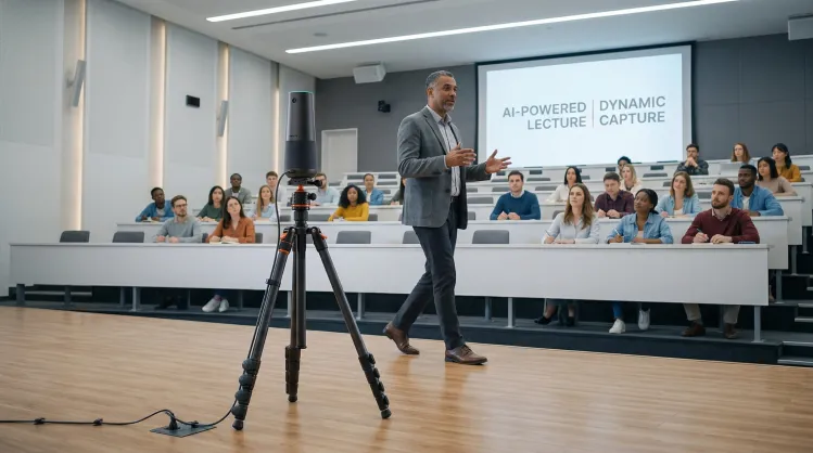 University lecture hall where a professor is teaching on a stage while the Nearity 120 Max 4K camera on an ST30 stand tracks the presenter, with students seated and watching attentively.