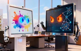 On the left, a sleek, glossy white smart board with a minimalist design (Vibe) stands proudly. On the right, a sophisticated dark-toned smart board (NearHub) with a metallic finish displays intricate connection nodes and graphs, personified with sharp, friendly orange LED eyes.