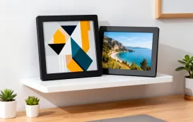 On the white suspended shelf in a fashionable living room or office, there are ultra-thin digital photo frames with matte black borders, and the screen displays geometric abstract art patterns and high-definition landscape photos.