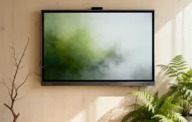An interior shot in a serene, wabi-sabi style. The NearHub Smart Board is mounted on a light wood wall.