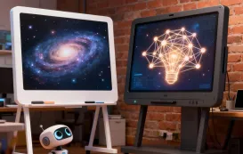 A sleek, minimalist white smart board and a more robust dark grey smart board are placed side-by-side against a brick wall.