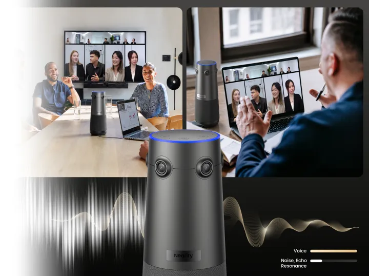Smart conference camera utilizing AI noise cancellation and full-duplex audio to eliminate background noise during a professional hybrid video conference.