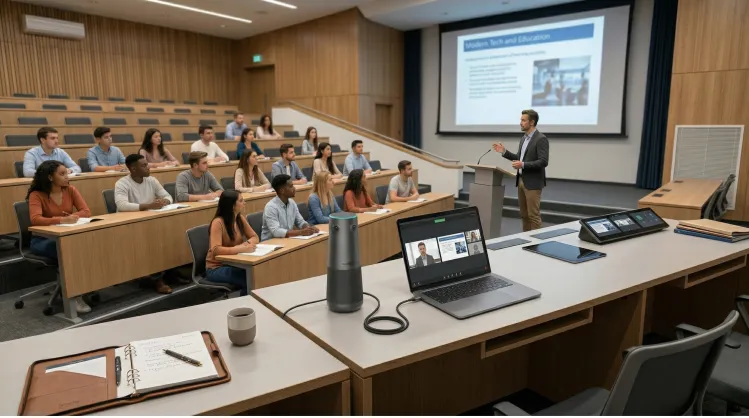 University lecture hall with students and a teacher at the front, while a 360 Alien conference camera sits on a desk in the center area, connected to a laptop and power, capturing the class.