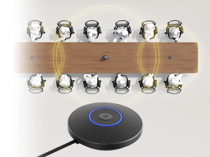 Scalable audio setup for large conference rooms showing the 360 meeting hub daisy-chained with expansion microphones for up to 52ft voice pickup.
