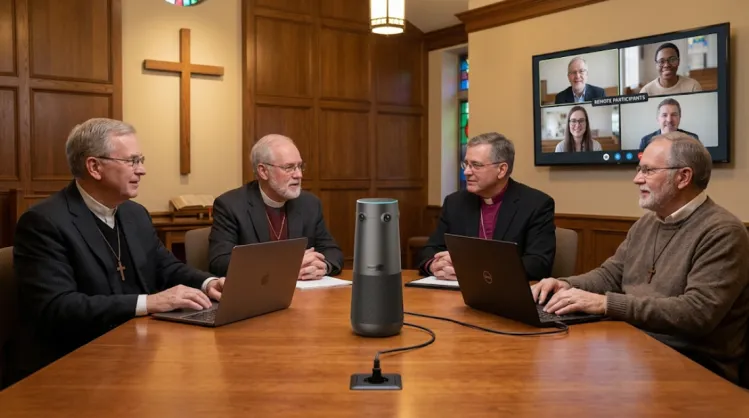 Church elder meeting with 360 Alien camera centered, connecting in-person and remote members.