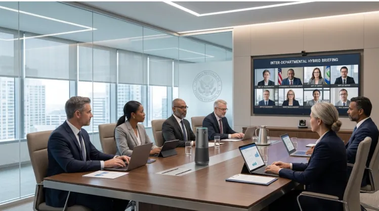 Modern executive meeting with 360 Alien enabling 4K multi-party hybrid collaboration.