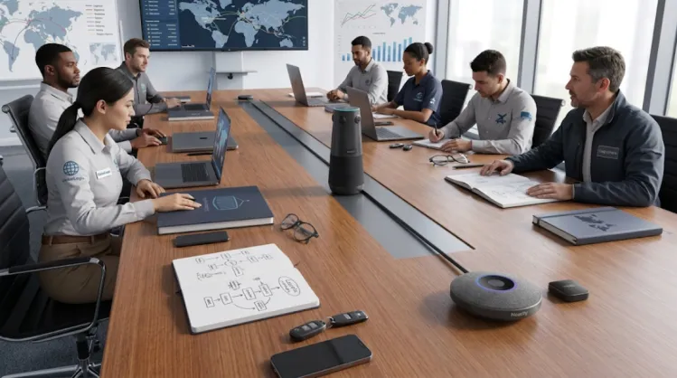 360 Alien camera and AM01 mic on opposite ends of the table, connected by a straight cable in logistics meeting room.