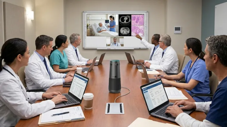 Oncologists discussing tumor cases with Nearity 360 Alien camera in a hospital.