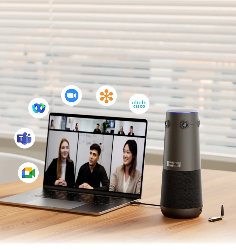 Man in a bright office environment enjoying clear audio with a wireless headset with mic for work, powered by AI noise cancellation.
