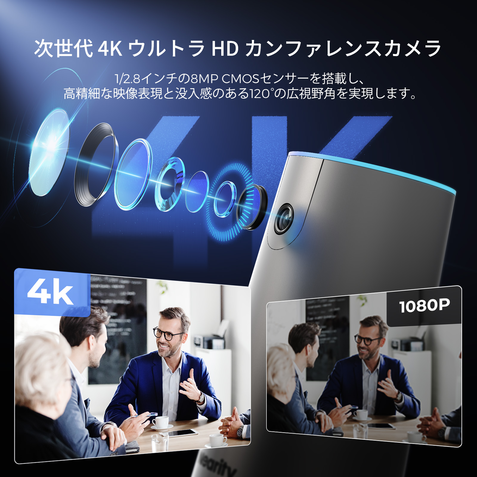 Nearity 120 Max：真の4K対応・120度会議用カメラ、ワイヤレスAI会議