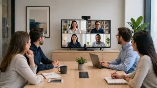 A team of professionals sits around a conference table in a modern meeting room, using an external webcam and large display for a video conference with four remote participants on screen.