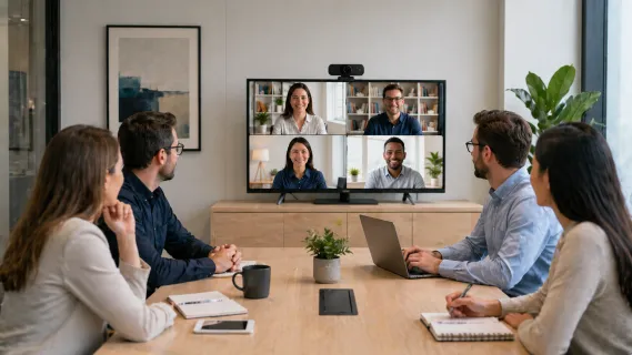 A team of professionals sits around a conference table in a modern meeting room, using an external webcam and large display for a video conference with four remote participants on screen.
