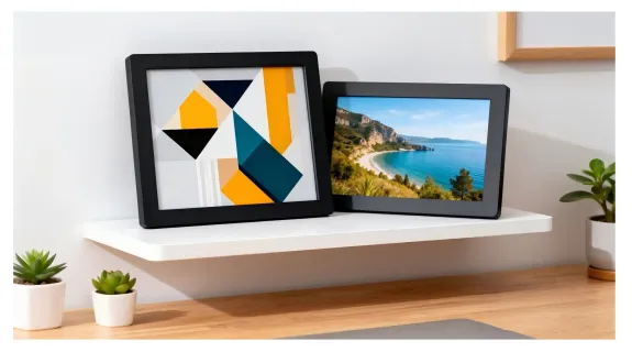 On the white suspended shelf in a fashionable living room or office, there are ultra-thin digital photo frames with matte black borders, and the screen displays geometric abstract art patterns and high-definition landscape photos.