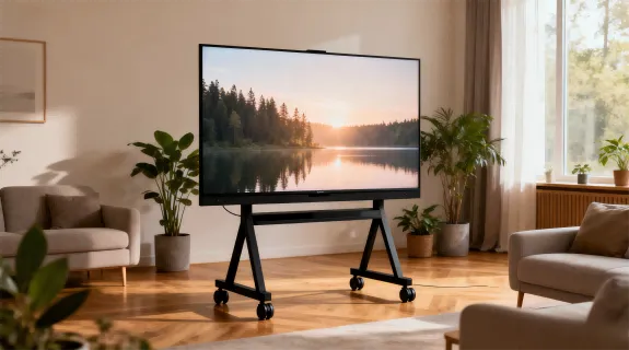 A cozy modern living room with soft natural light, featuring a sleek mobile TV stand with wheels holding a large flat-screen TV. On the TV screen, display a calming nature landscape — soft sunlight over a forest and lake, creating a peaceful and homely atmosphere.