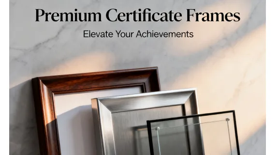 A modern, elegant product showcase image of certificate frames which look premium, stylish, and diverse in materials (wood, metal, minimalist glass). 