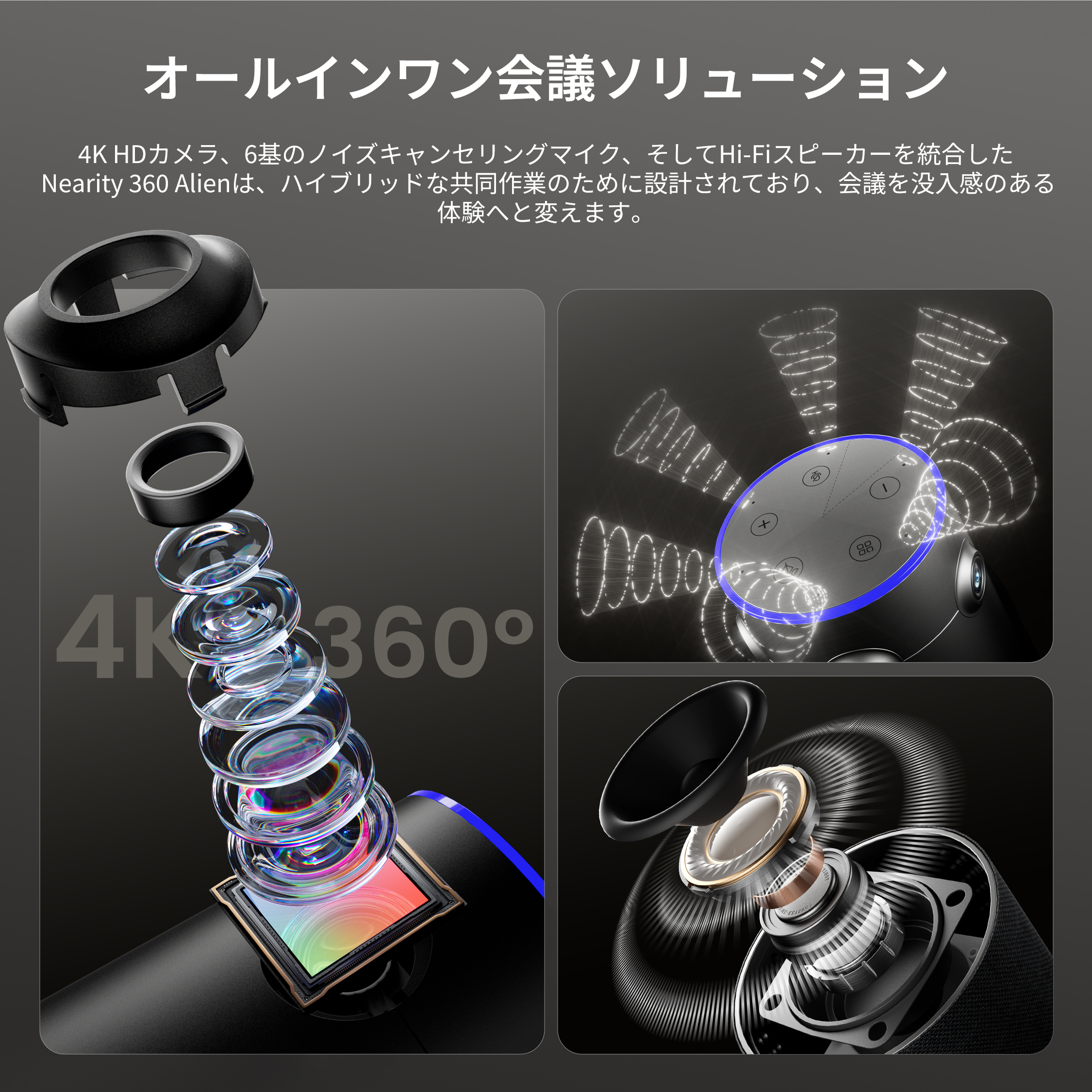 Nearity 360 Alien：真の4K画質を実現する360度会議用カメラ。AI搭載