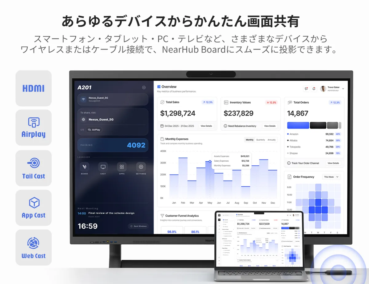 NearHub Board S Max smart whiteboard supports screencast from any device like Macbook, Windows destop/laptop,phone and more 