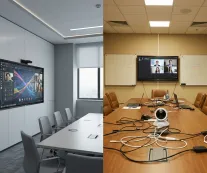 AprofessionalcomparisonofconferenceroompresentationsystemsshowingaNearHubintegratedsmartboardversusatraditionalowlvideoconferencingsetup
