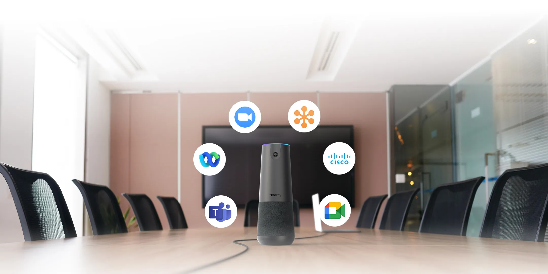 Several people in a conference room using NearHub board S pro smart whiteboard for office in a meeting