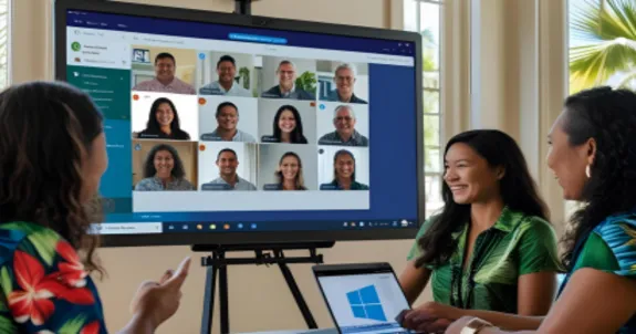 Ein mehrkoepfiges remote team haelt ein meeting mit microsoft teams premium auf smartboard ab