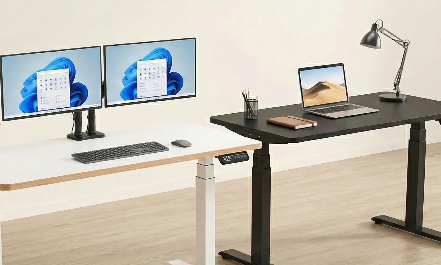 Modern home office setup featuring one white and one black NearHub electric adjustable standing desk.