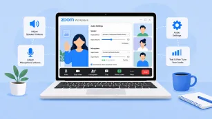 Zoom Workplace meeting screen showing audio settings for adjusting speaker and microphone volume during a video call.