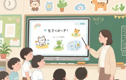 小学校で電子ホワイトボードで授業をしている