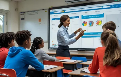 Lehrer und schueler nehmen am unterricht mit digitalen tafelsystemen teil