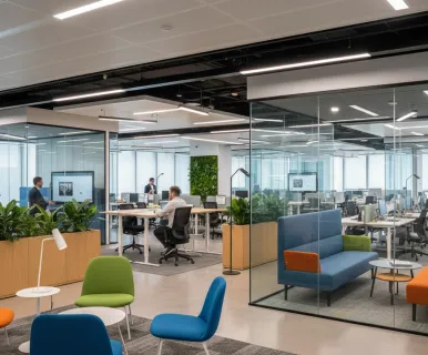 ModernhuddleroomsolutionsfeaturingNearHubSProsmartboardforseamlesshybridteamcollaboration