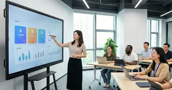 会社はスマートボードを活用して新人研修を行う