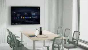 Plug and play 360 conference camera setup capturing 3 to 6 people in huddle spaces and small meeting rooms.