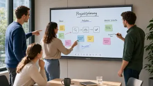 TeamarbeitetmitTouchundStiftdirektaufdeminteraktivenFlatPanel