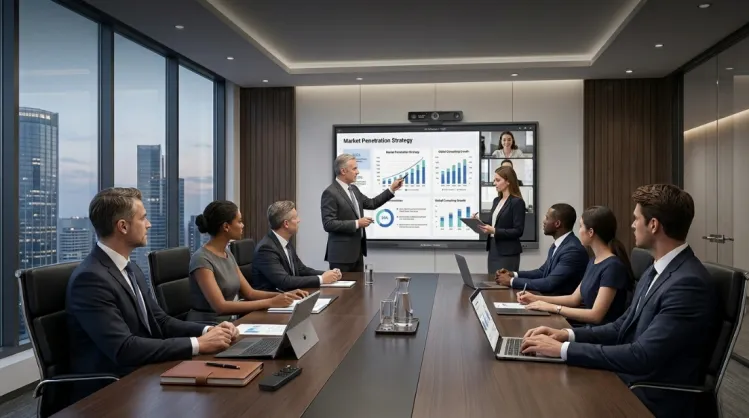 Executive consulting boardroom meeting with professionals collaborating around a table, featuring a V30S camera mounted on a smart whiteboard capturing a hybrid 4K conference.