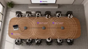 Diagram showing how up to six Nearity A20S speakerphones connect through daisy chaining to expand audio coverage in a conference room.
