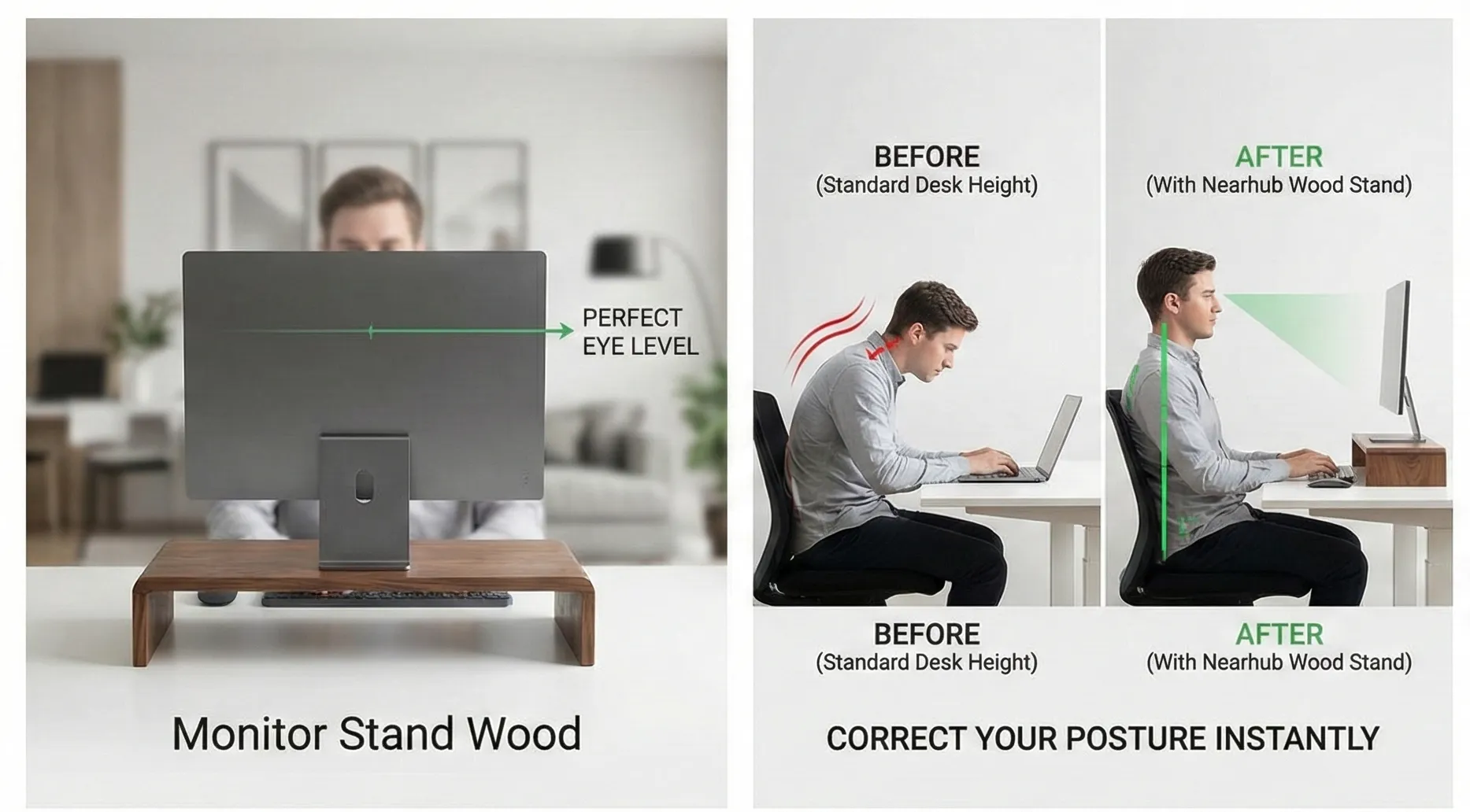 Close-up of Nearhub wood monitor riser with keyboard storage underneath