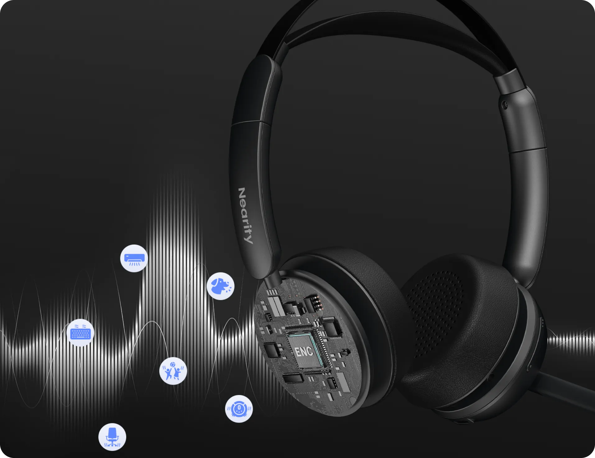 Cutaway view showing AI environmental noise cancelling chip inside a wireless headphone with noise cancelling mic.