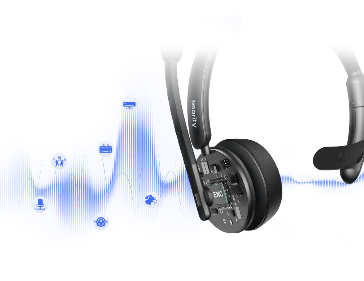Cutaway view showing AI environmental noise cancelling chip inside a wireless headphone with noise cancelling mic.