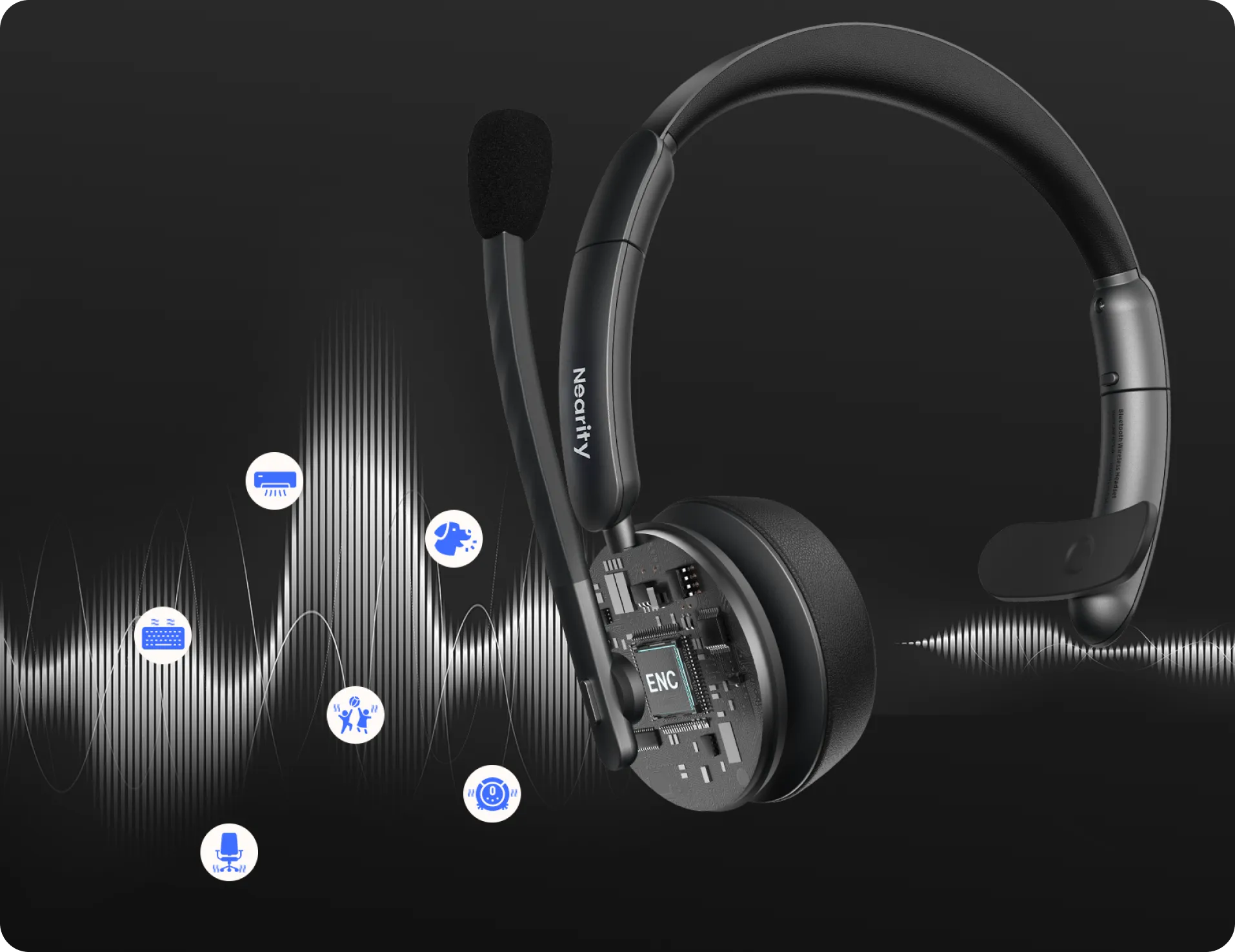 Cutaway view showing AI environmental noise cancelling chip inside a wireless headphone with noise cancelling mic.