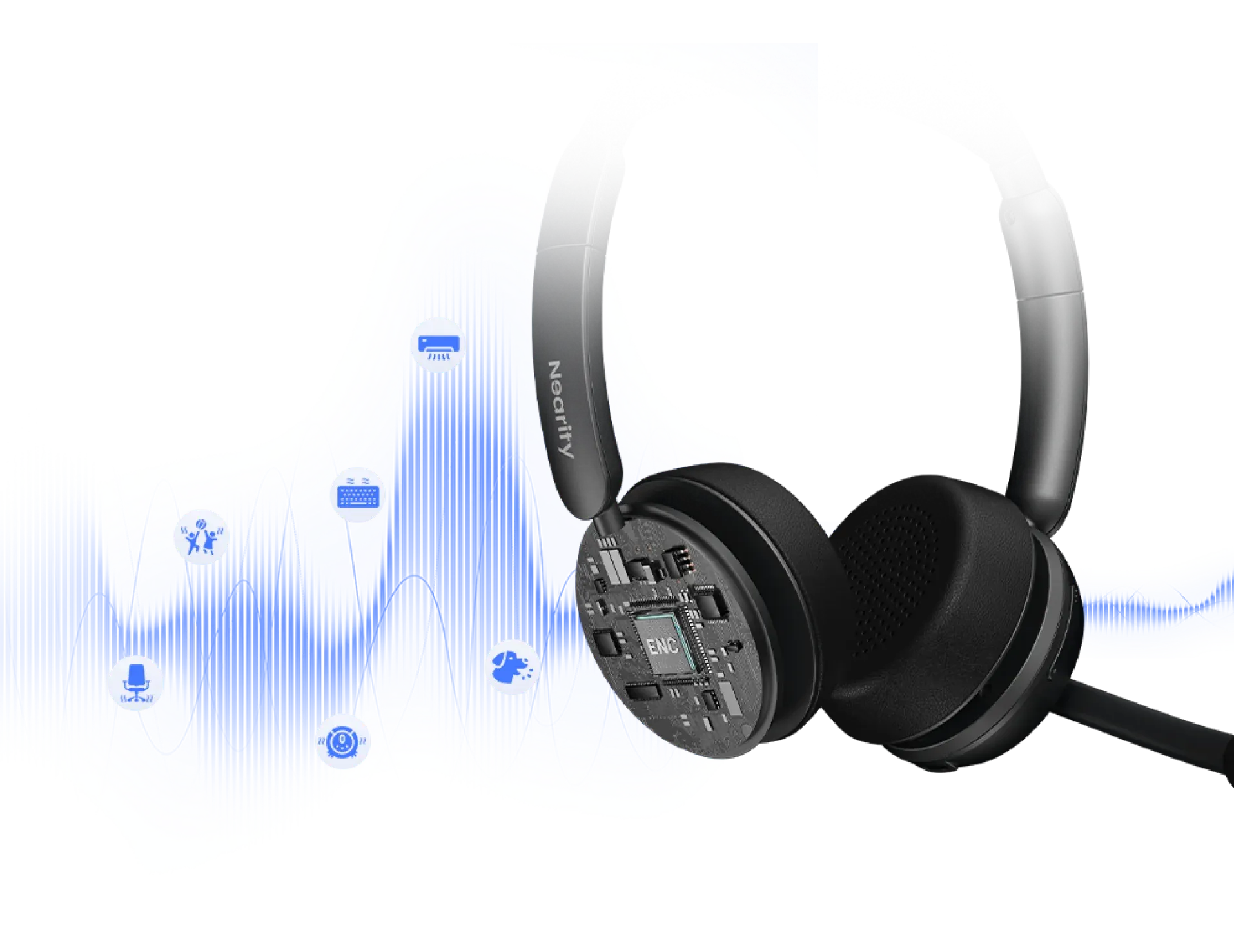 Cutaway view showing AI environmental noise cancelling chip inside a wireless headphone with noise cancelling mic.
