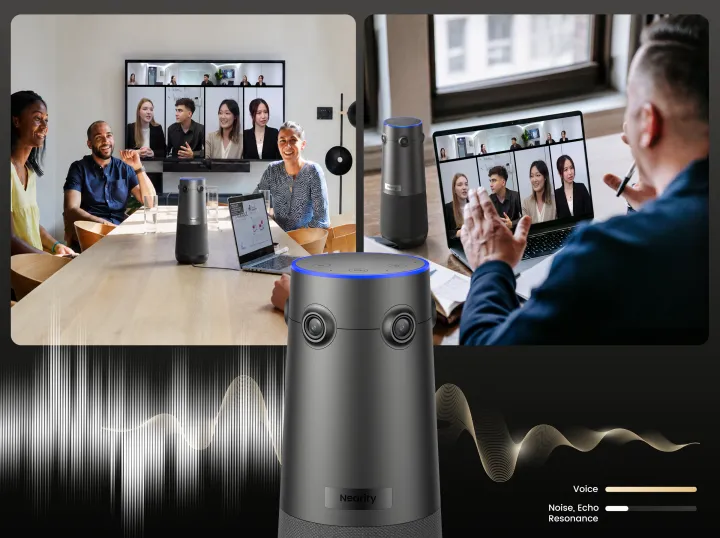 Smart conference camera utilizing AI noise cancellation and full-duplex audio to eliminate background noise during a professional hybrid video conference.