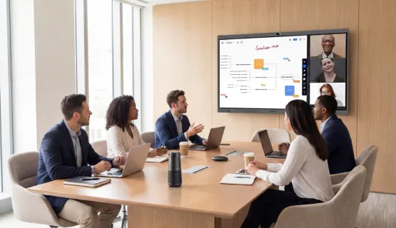 People in hybrid meeting.